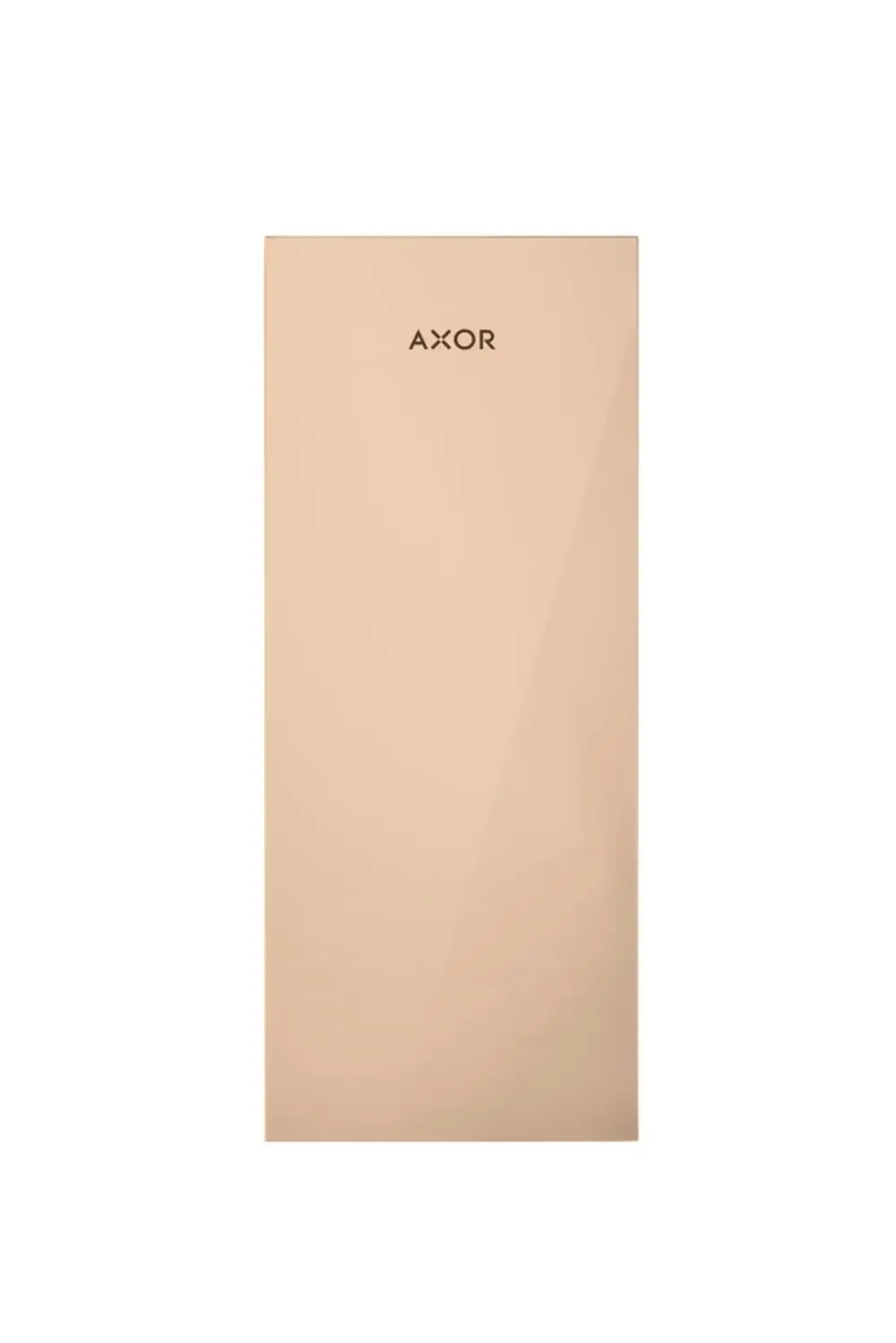 Minimalistische, glänzende Metallplatte in Rotgold mit der markanten Aufschrift "AXOR" oben. Die Oberfläche reflektiert Licht und zeigt eine glatte, elegante Textur.